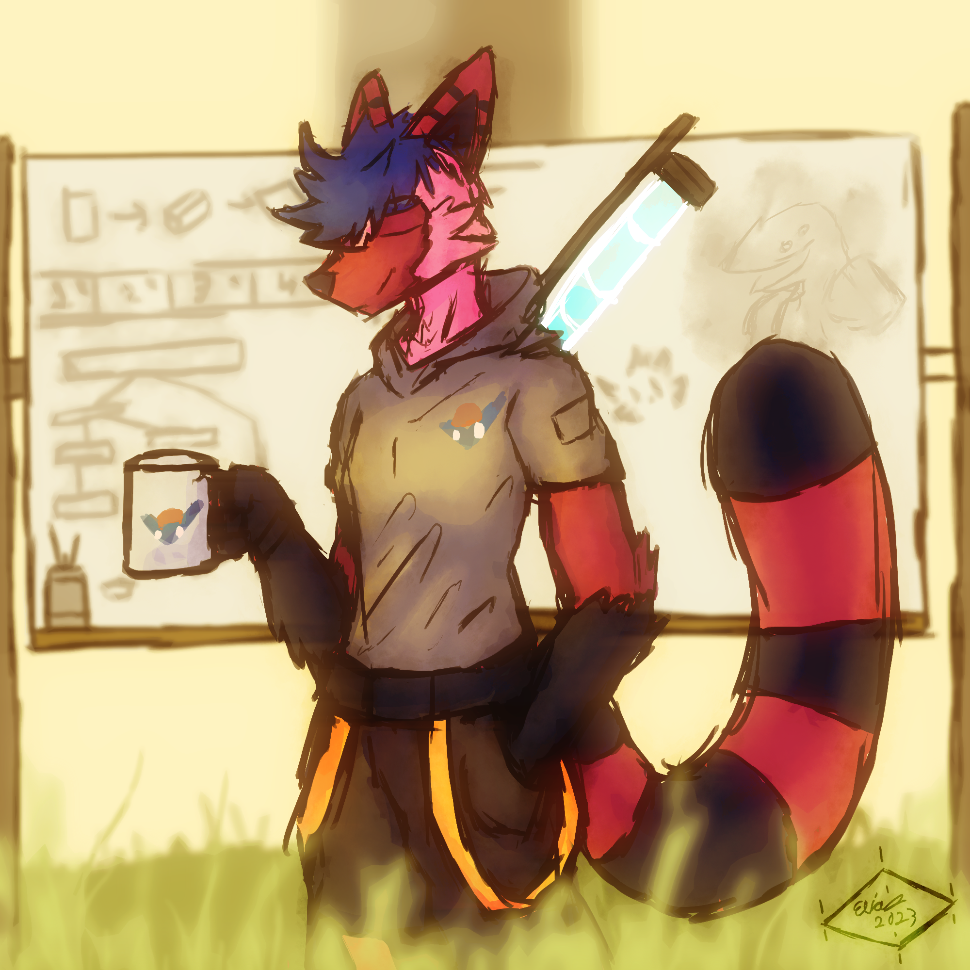 a character enjoying coffe in front of a whiteboard
